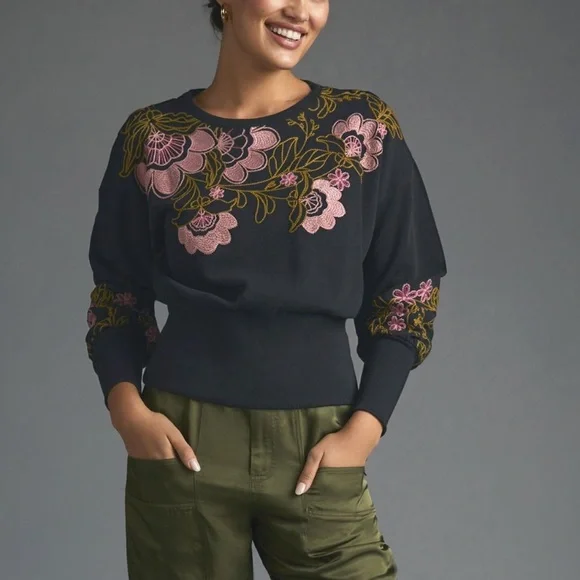 By Anthropologie Embroidered Sweatshirt in Black - Picture 5 of 9